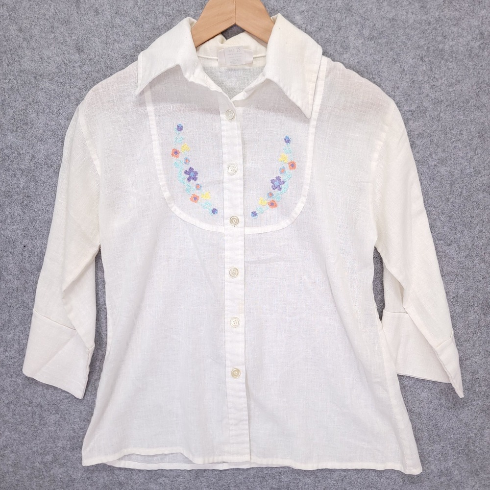 Vintage Jantzen White Embroidered Floral Button Up Shirt Womens 12 70s Boho